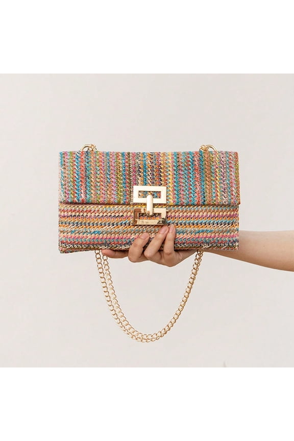 Women Shoulder Bag Envelope Shape Bohemian Style Double-layer Chain Strap Straw Braided Buckle Lock Foldable Portable Summer Beach Vacation Party Handbag