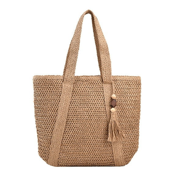 Women Shoulder Bag Fashion Hand-Woven Handbag Large Capacity with Tassel Pendant Khaki