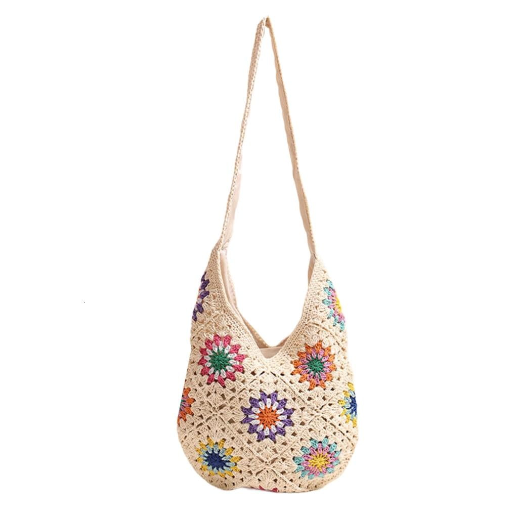 Women Shoulder Bag Knitted Crossbody Bag Crochet Beach Bag Flowers Handbag