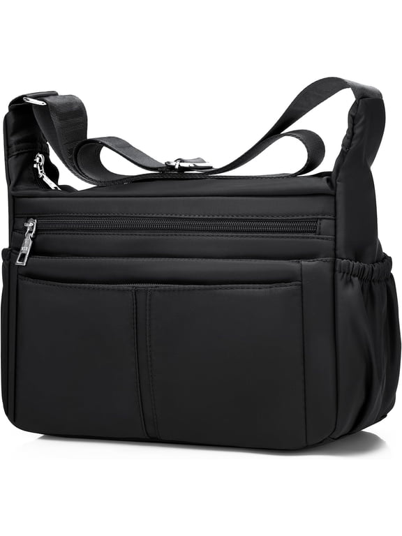 Women Shoulder Bag Multi-Pockets Handbag Water-Resistant Nylon Crossbody Bags Large Purses Lightweight Messenger Bag Black