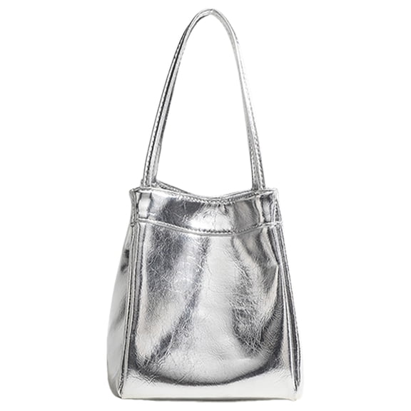 Women Shoulder Bag Silver Bucket Bag PU Leather Armpit Bag Korean Styles Casual Handbag All-matching Underarm Bag