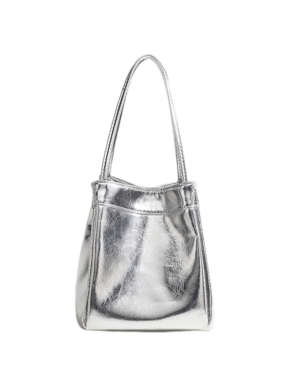 Women Shoulder Bag Silver Bucket Bag PU Leather Armpit Bag Korean Styles Casual Handbag All-matching Underarm Bag