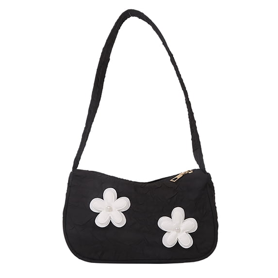 Women Shoulder Bag Zipper Closure Flower Decoration Fashionable Canvas Lady Handbag for Summer Black One Size