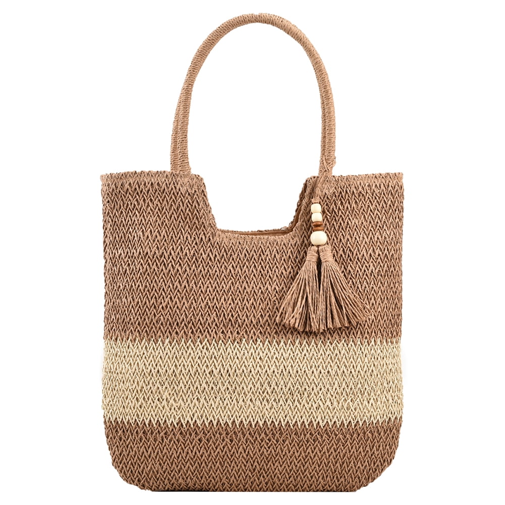 Women Shoulder Bag with Tassels Contrast Color Straw Woven Bag for