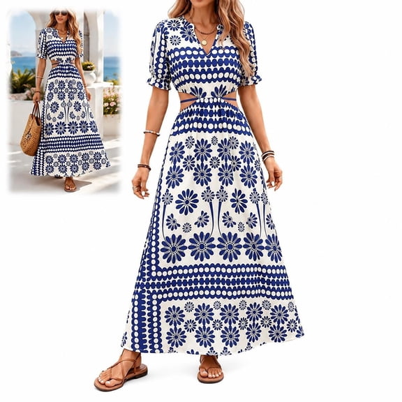 Women Off Shoulder Daisy Print Maxi Dress, Cutout Waist Floral Summer Dress with Flowy Fit, Casual Beach Holiday Outfit for Women, Vacation Party Evening Wear