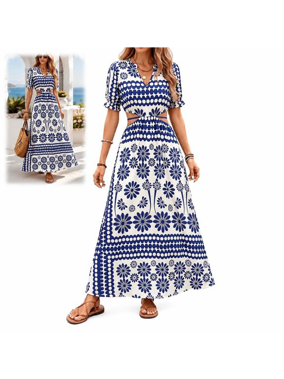 Women Off Shoulder Daisy Print Maxi Dress, Cutout Waist Floral Summer Dress with Flowy Fit, Casual Beach Holiday Outfit for Women, Vacation Party Evening Wear