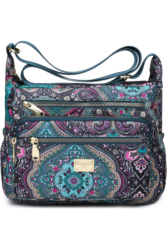Women's Exterior Pocket Floral Nylon Shoulder Bag, Blue