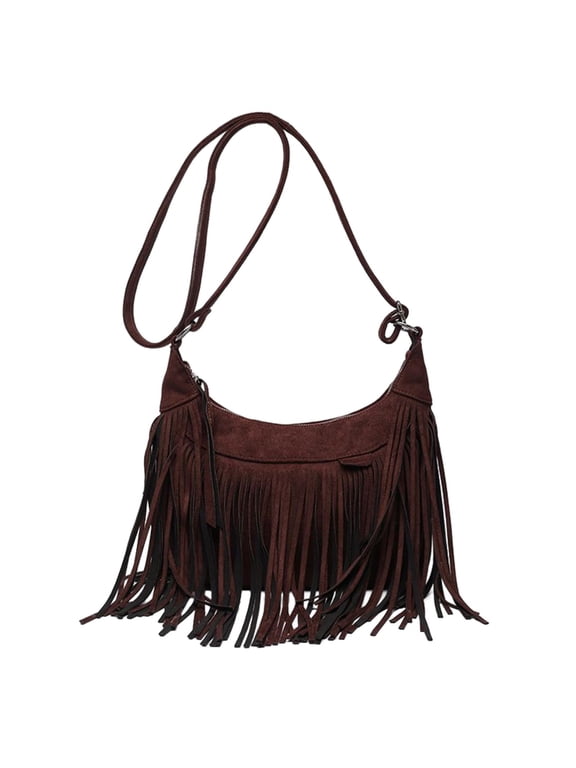 Women Shoulder Handbag Tassel Purse Adjustable Strap Fringe Tote Brown