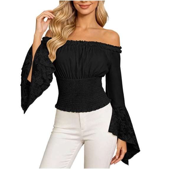 Women off Shoulder Lace Blouse, Convertible Square Neck Bell Long Sleeve Slim Top, Casual Elegant Shirt for Summer Autumn Dating Daily Outfits Black S(S)