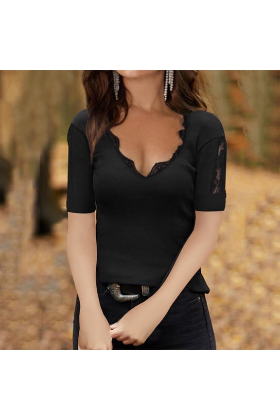 Women Off Shoulder Short Sleeved Commuting Pullover V-neck Lace Bottoming Blouse Space Apparel Women Thin Long Sleeve Shirt Dry Tech Shirts Women Short Sleeve Womens Tennis Shirts Short Sleeve Shirts