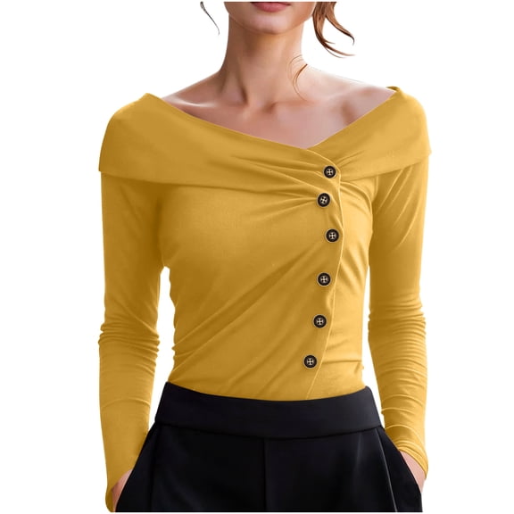 Women Off Shoulder Tops Long Sleeve Cross Wrap Asymmetrical Blouses Tunics Top Casual Button Down Blouse Sexy Base Layer Shirts Trendy Dressy 2026 Blouse