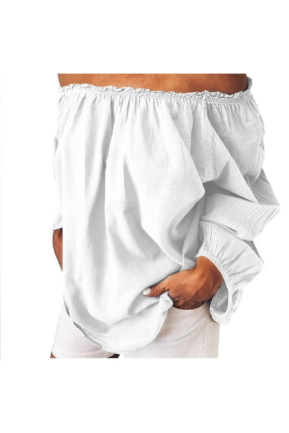 Women Off The Shoulder Tops, Summer Ruffle Long Sleeve Boho Blouses Cold Shoulder Tops Loose Casual Pleated Solid Color Tops Plus Size Sexy Shirts Blouse for Party/Outdoor/Holiday