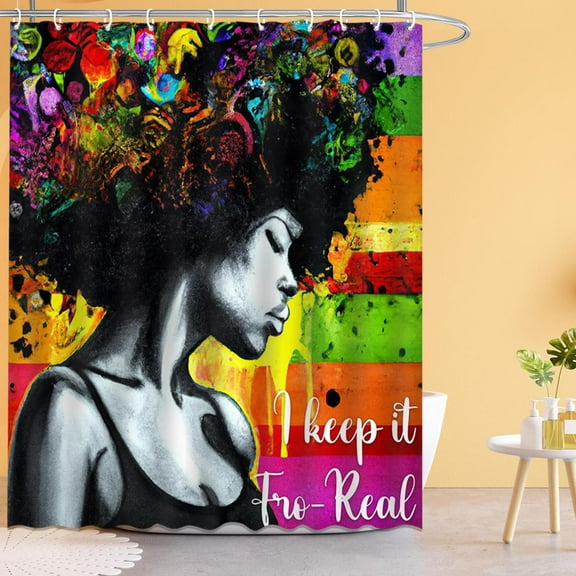 Women Shower Curtain Set African American Inspirational Black Girl Shower Curtain 72x72 INES Oil Painting Colorful Mexican Shower Curtain with 12 Hooks (African American)