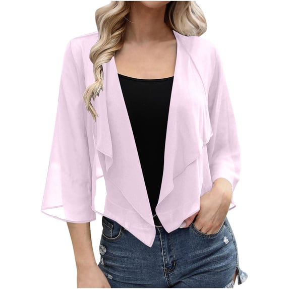 Women Shrug Chiffon Cardigans Coat Lightweight Spring Open Front 3/4 Sleeve Draped Ruffle Bolero for Evening Dressy