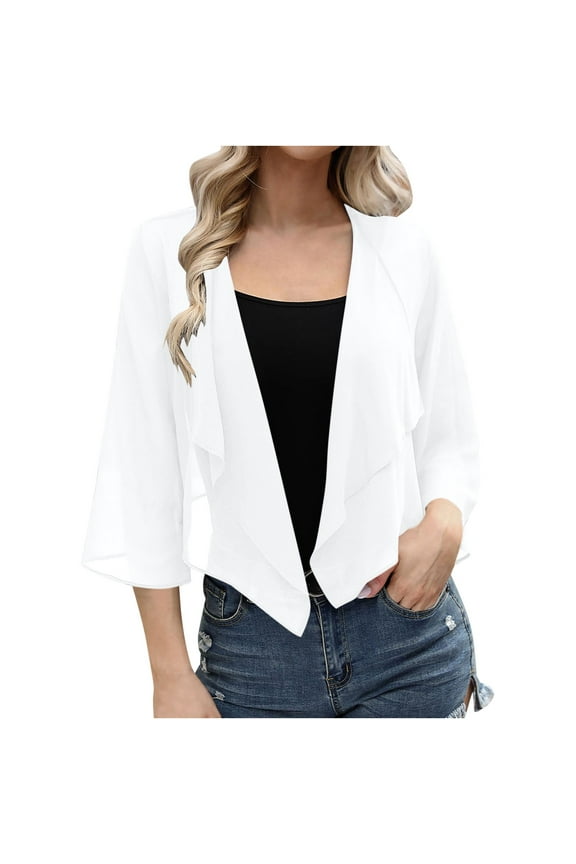 Women Shrug Chiffon Cardigans Coat Lightweight Spring Open Front 3/4 Sleeve Draped Ruffle Bolero for Evening Dressy