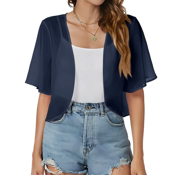 Women Shrug Chiffon Cardigans Open Front Short Sleeve Bolero for Evening Dressy Navy XL