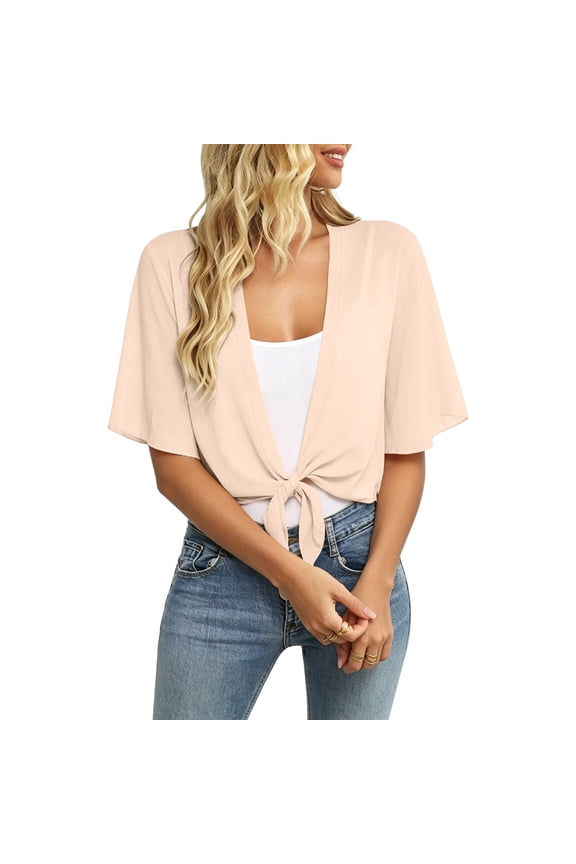 Women Shrug Chiffon Cardigans Tie Front Elbow Sleeve Bolero for Evening Dressy Party Clothing Beige 2XL