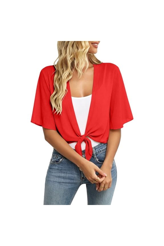 Women Shrug Chiffon Cardigans Tie Front Elbow Sleeve Bolero for Evening Dressy Party Clothing Red XL