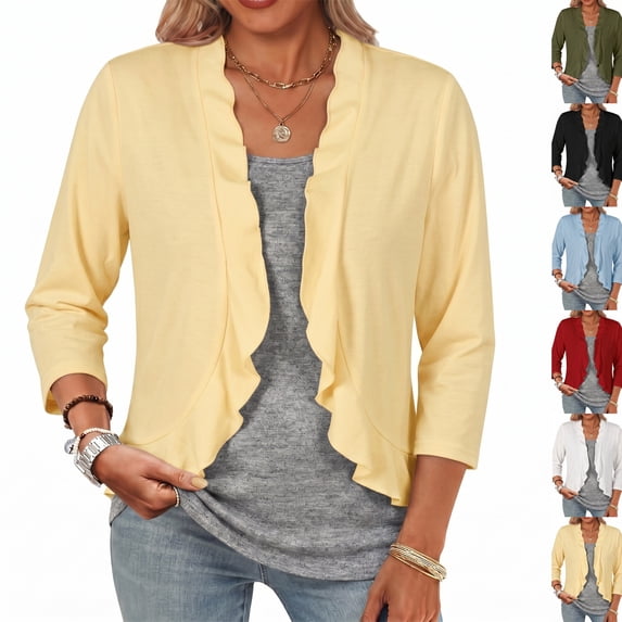 Women Shrug Lightweight Cardigans Open Front 3/4 Sleeve Ruffled Cardigan for Evening Party Dressy (M,Yellow)