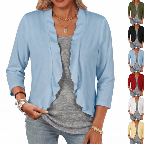 Women Shrug Lightweight Cardigans Open Front 3/4 Sleeve Ruffled Cardigan for Evening Party Dressy (XXL,Royal Blue)