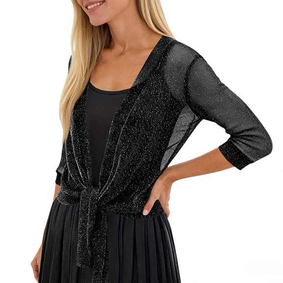 Women Shrugs for Evening Dresses 3/4 Sleeve Glitter Sheer Tie Front Party Lightweight Bolero Shrug Beach Cover Up Black One Size