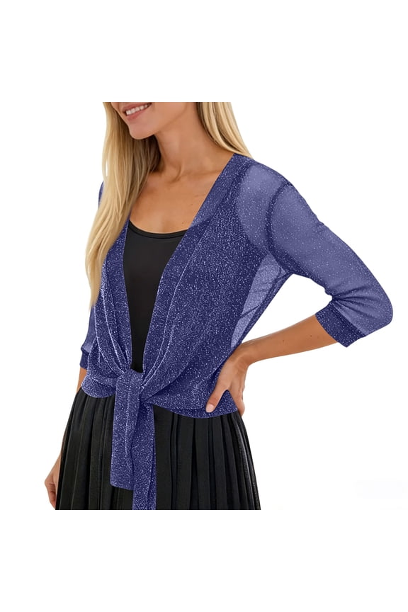 Women Shrugs for Evening Dresses 3/4 Sleeve Glitter Sheer Tie Front Party Lightweight Bolero Shrug Beach Cover Up Blue One Size