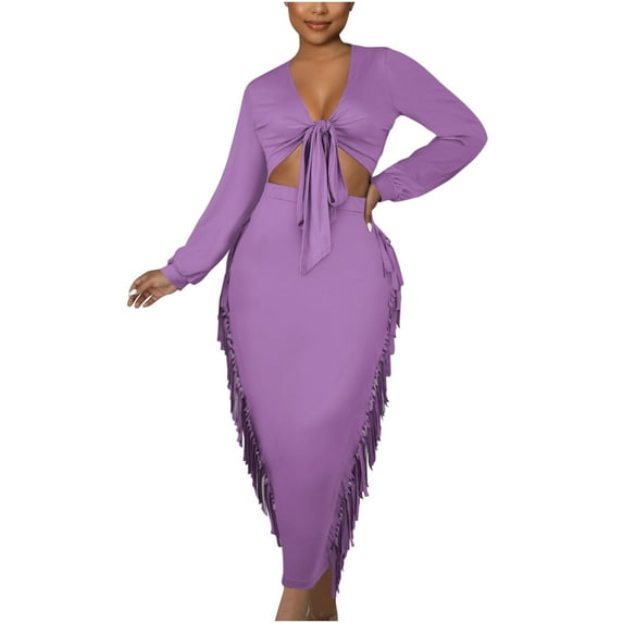 Women Side Fringed Long Dress Slim Fit Solid Long Sleeve Tie Knot Cutout Crop Top & Tassels Maxi Skirts 2-Piece