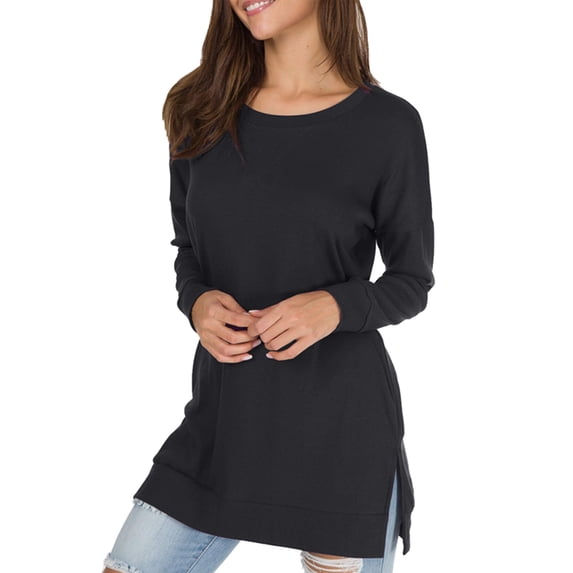 Women Side Slit Long Sleeve Sweater Crew Neck Loose Fit Casual Knit Pullover Top Black XXL