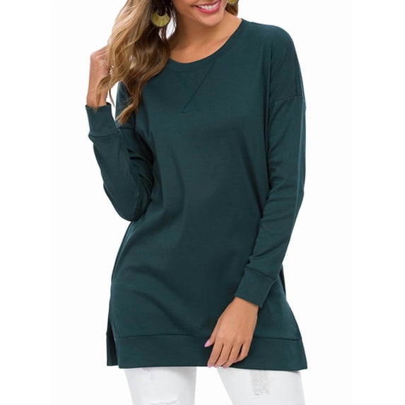 Women Side Slit Long Sleeve Sweater Crew Neck Loose Fit Casual Knit Pullover Top Deep Green L