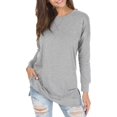 thumbnail image 1 of Women Side Slit Long Sleeve Sweater Crew Neck Loose Fit Casual Knit Pullover Top Light Gray M, 1 of 7