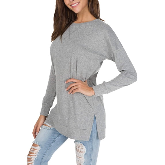 Women Side Slit Long Sleeve Sweater Crew Neck Loose Fit Casual Knit Pullover Top Light Gray S