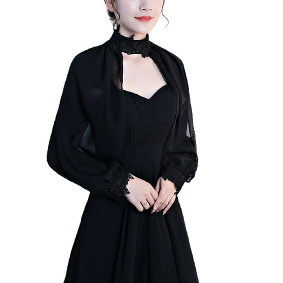 Women Side Split Long Sleeve Wedding Shawl Cape Halter Neck Chiffon Shrug Capelet Open Front Lace Bridal Jacket Bolero
