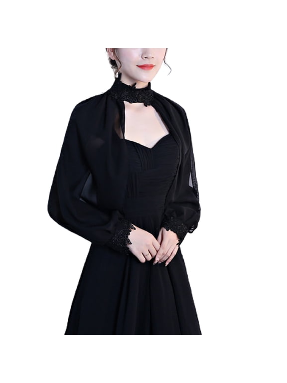 Women Side Split Long Sleeve Wedding Shawl Cape Halter Neck Chiffon Shrug Capelet Open Front Lace Bridal Jacket Bolero