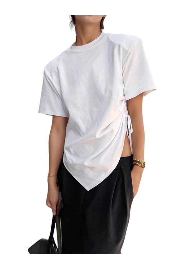 Women Side Tie Short Sleeve T Shirt Crew Neck Irregular Hem with Shoulder Pads Casual Blouse White M