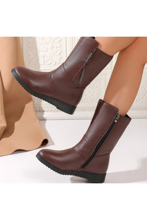 Women Side Zipper Mid Calf Leather Boots, Round Toe Low Flat Heel Waterproof Short Riding Booties, Winter Non Slip Comfort Mid Boots Brown 5.5(36)