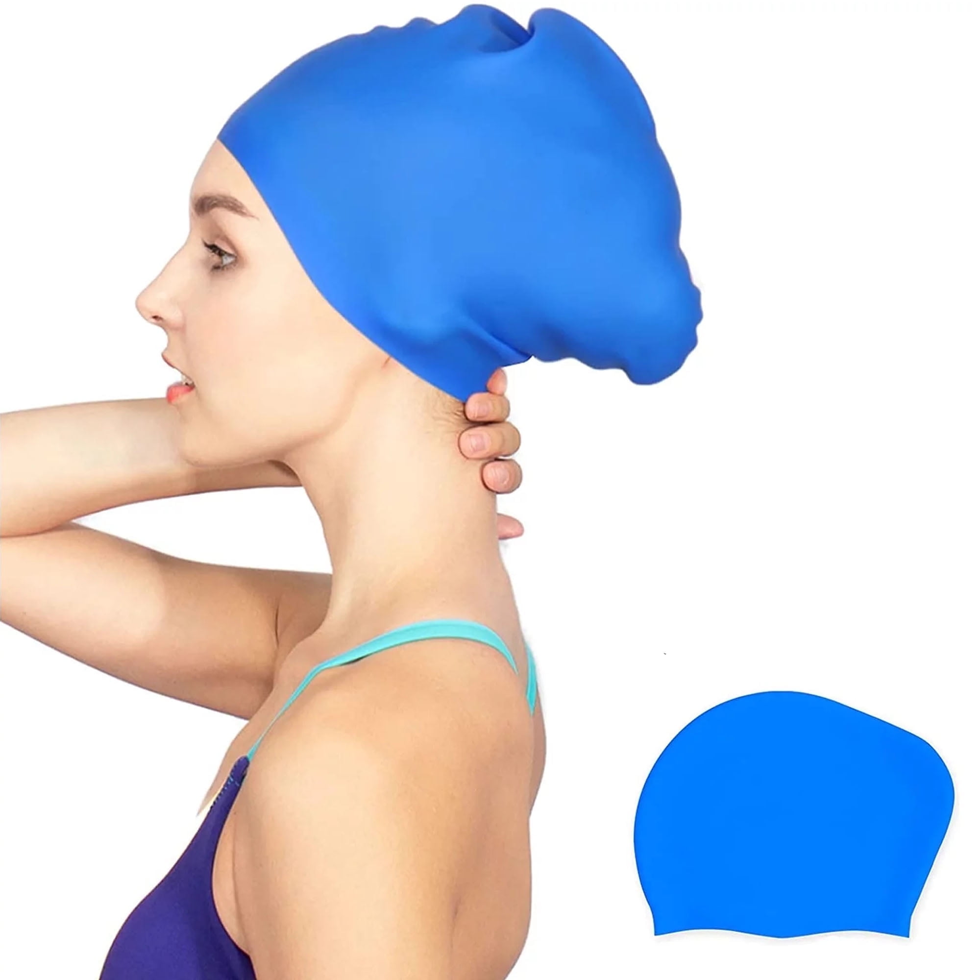 Blue Silicone Swim Cap for Long Hair, High Elasticity, Easy to Put