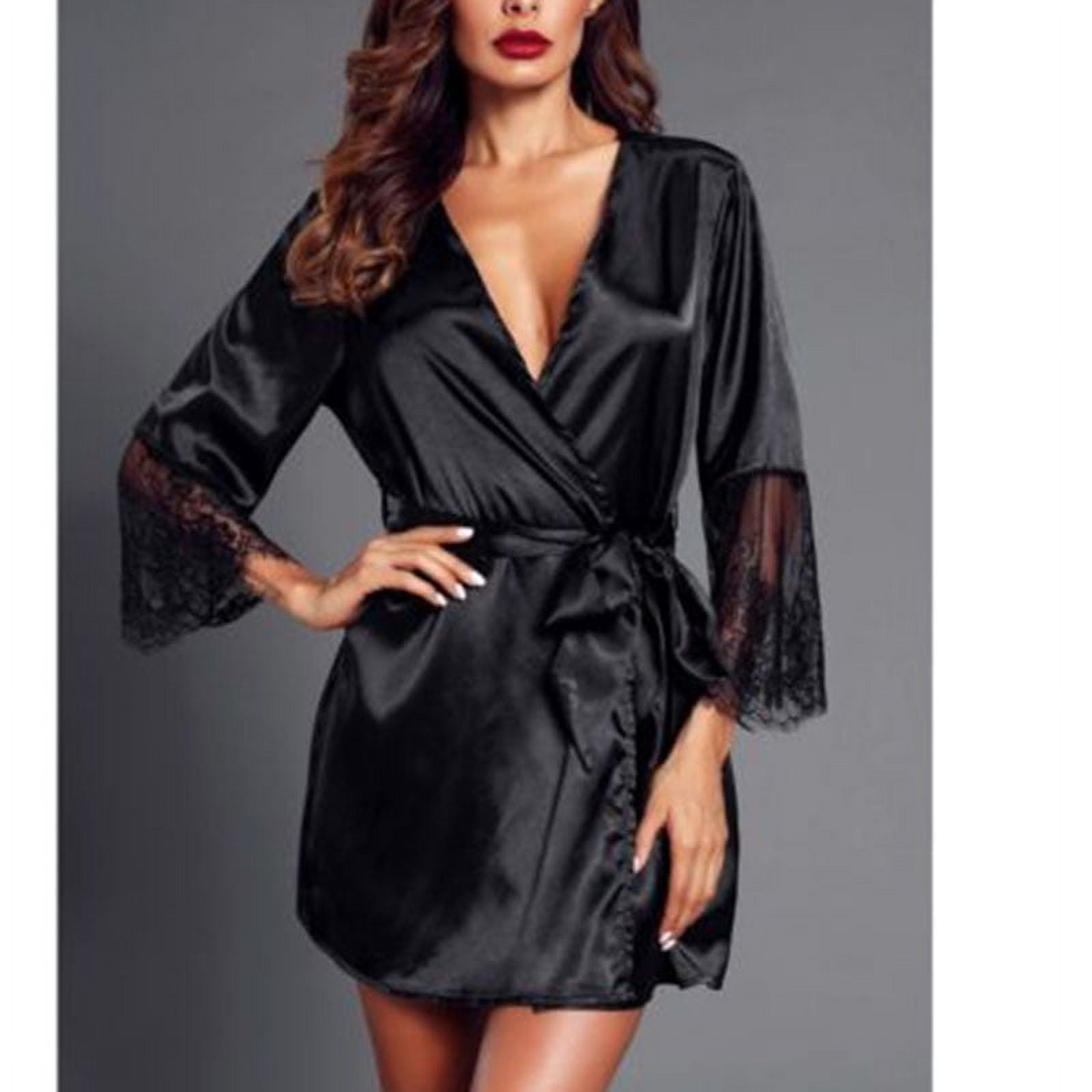 Women Silk Lace Long Sleeve Night Gown Sleep Dress Full Slip Black — free download