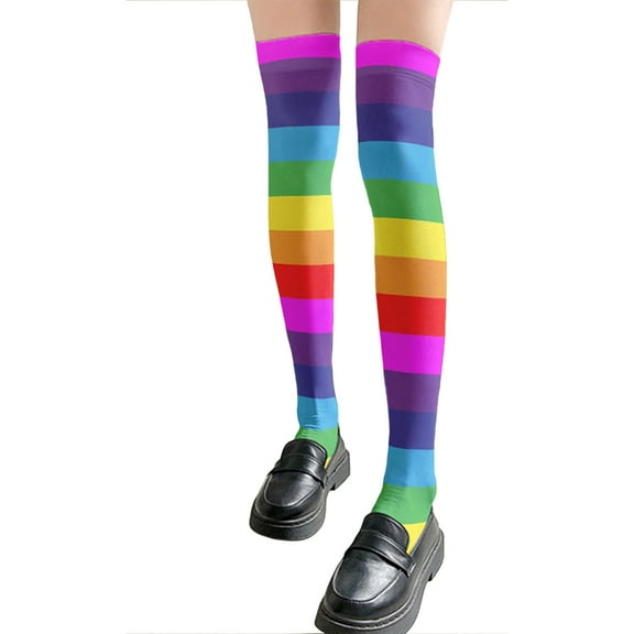 Women Silk Long Stockings Rainbow Multicolor Stripe Print Thigh High Socks
