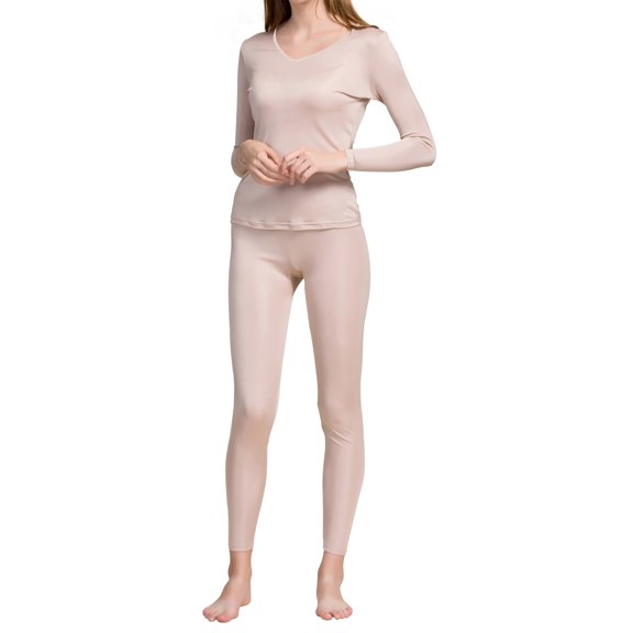 Women Silk Long Underwear V Neck Mulberry Silk Base Layer Long Johns Thermal Underwear Sets