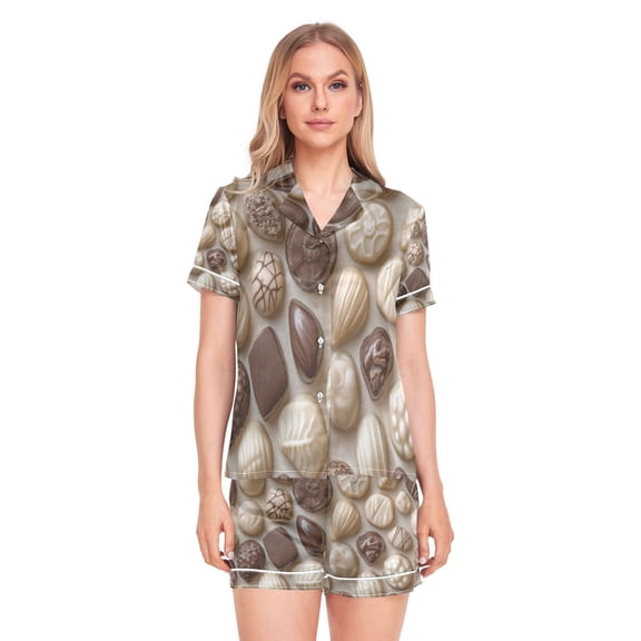 Women Silk Pajama Sets Causal Outings Fashion Assorted White and Milk Chocolates Pattern Home