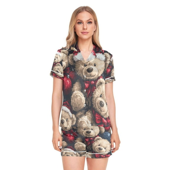 Women Silk Pajama Sets Causal Outings Fashion Bears Christmas Ornaments Pattern Home