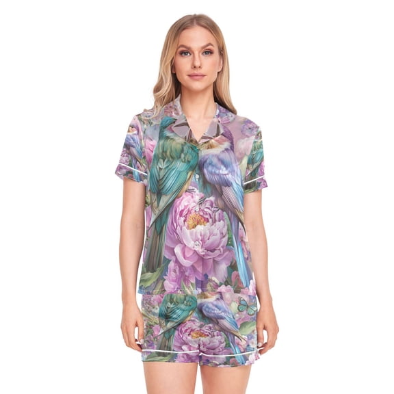 Women Silk Pajama Sets Causal Outings Fashion Birds and Flowers. Pattern Home
