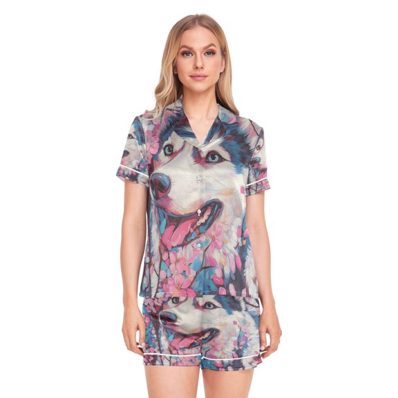 Women Silk Pajama Sets Causal Outings Fashion Blossom Smiles Pattern Home