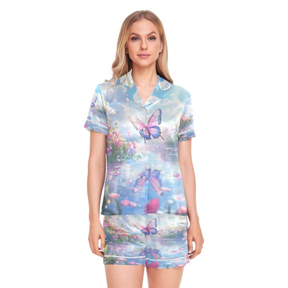 Women Silk Pajama Sets Causal Outings Fashion Butterfly Spring Pattern Home