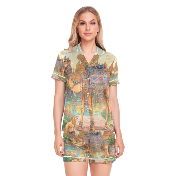 Women Silk Pajama Sets Causal Outings Fashion Camel and Temple Pattern Home
