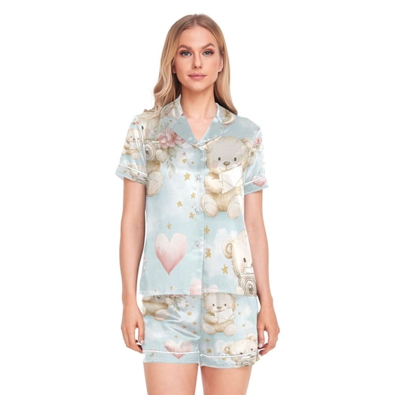 Women Silk Pajama Sets Causal Outings Fashion Camera-ready Teddy Friends Pattern Home