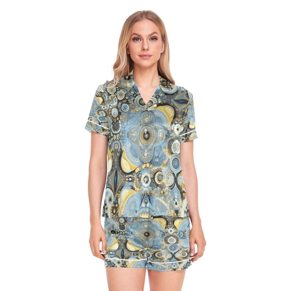 Women Silk Pajama Sets Causal Outings Fashion Celestial Blue Pattern Home