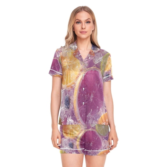 Women Silk Pajama Sets Causal Outings Fashion Citrus Slices Blueberries Ice Pattern Home