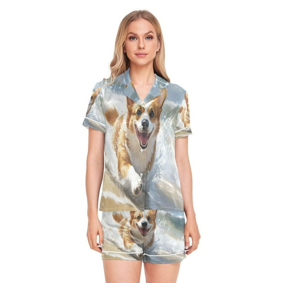 Women Silk Pajama Sets Causal Outings Fashion Corgi on Beach Pattern Home