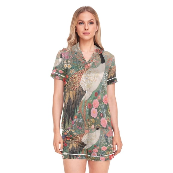 Women Silk Pajama Sets Causal Outings Fashion Crane in Floral Garde Pattern Home